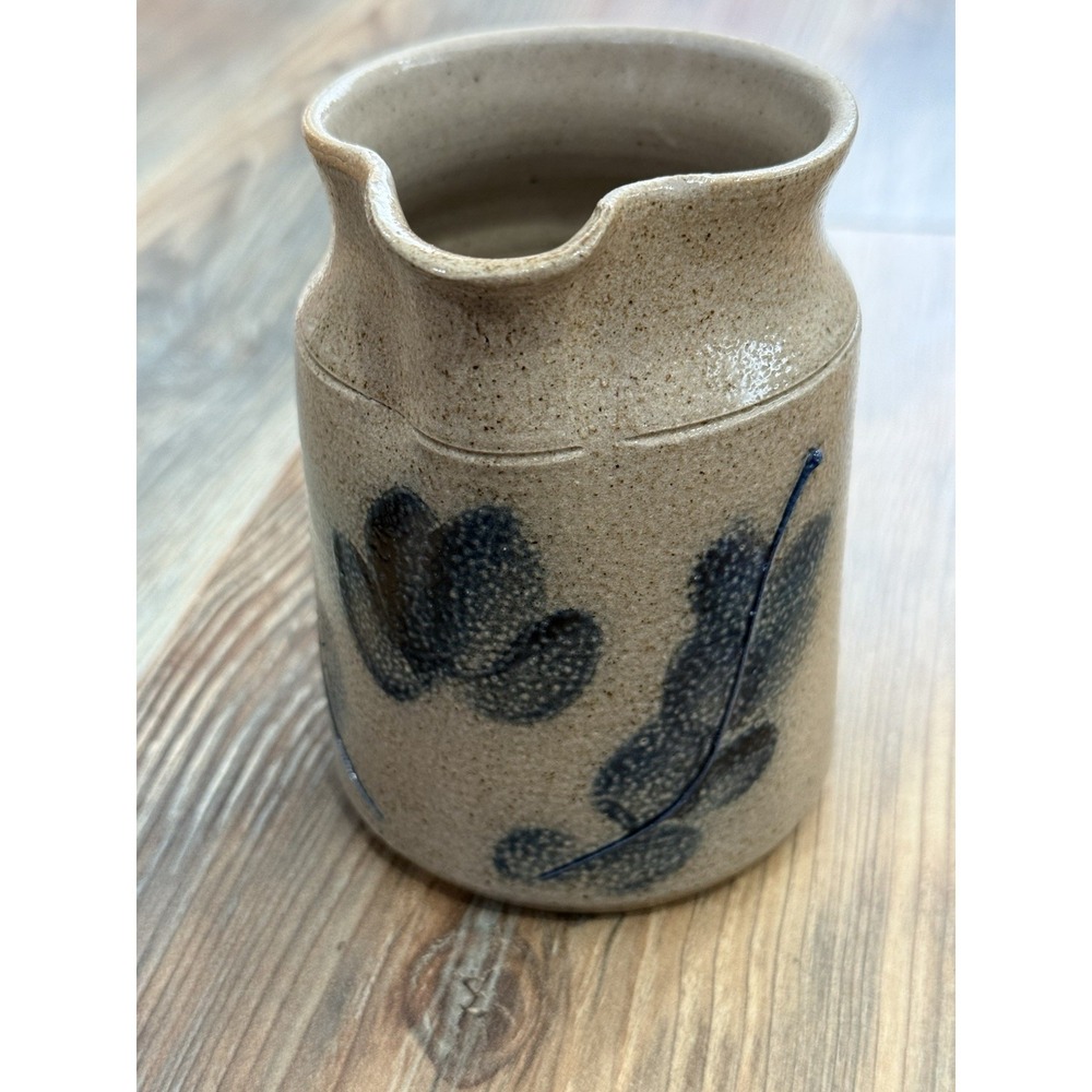 VTG SRI Glaze Art Pottery 4.0" Pitcher w/ Cobalt Flowers - Picture 3 of 8